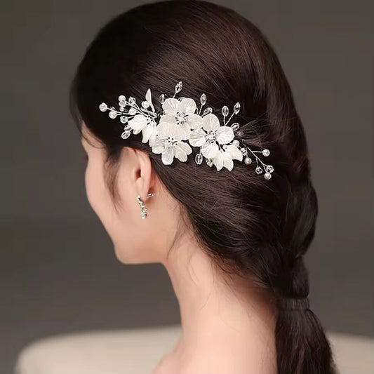 New White Flower Hair Clip Handwoven Bride Headwear Crystal Pearls Headpiece Clip Women Hair Accessories Jewelry Gift
